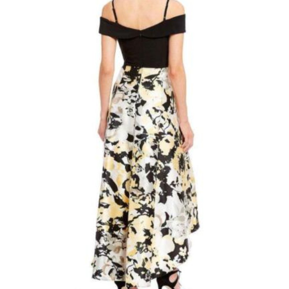 MARINA Yellow & Black Printed Mikado High Low Gown sz 6. - Picture 4 of 8